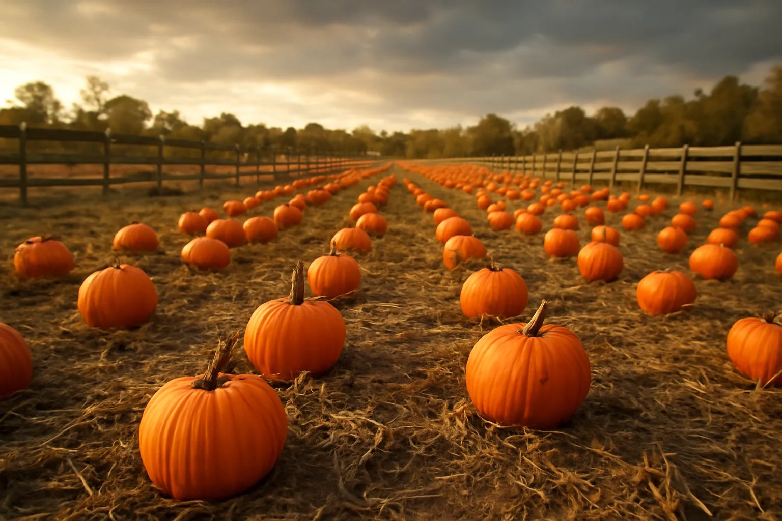 Orange pumpkins in rows on a rural Alabama farm field at golden hour
