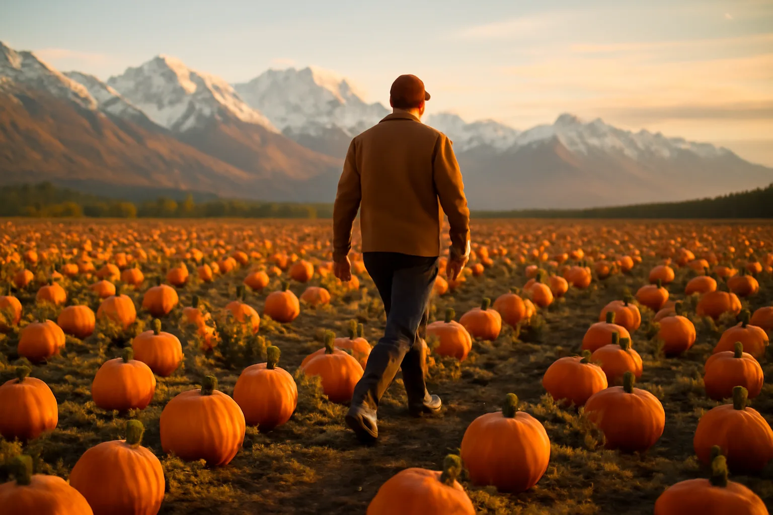 Rows of orange pumpkins in an Alaska farm field with mountains behind