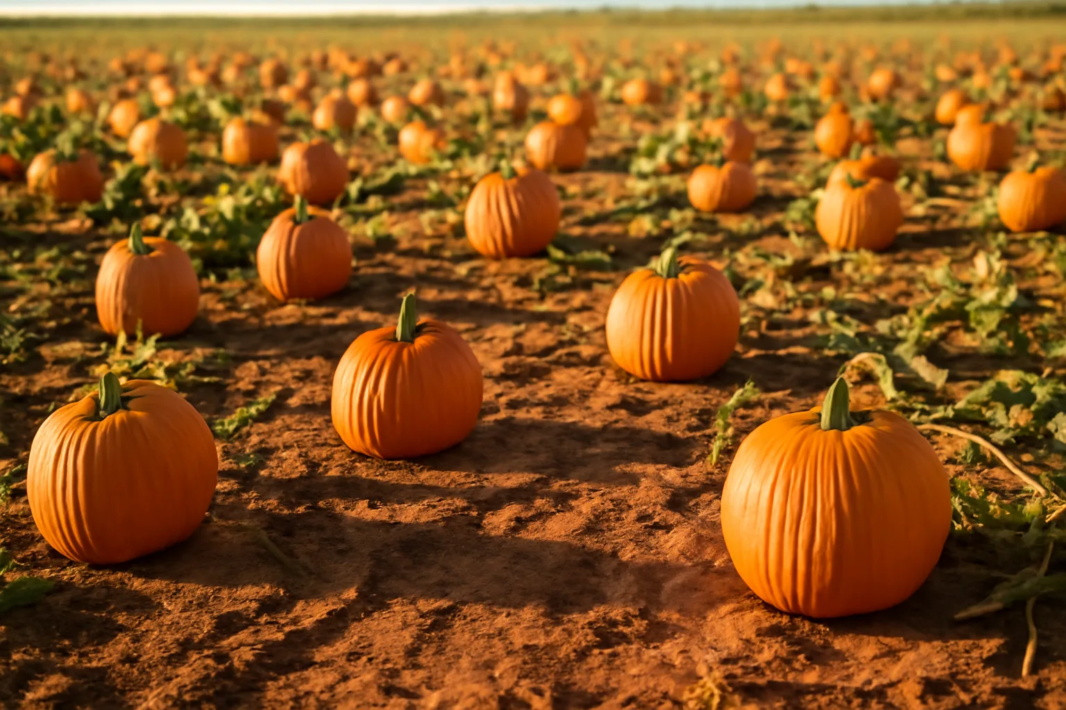 Rows of ripe orange pumpkins in a sunny Alabama farm field in October
