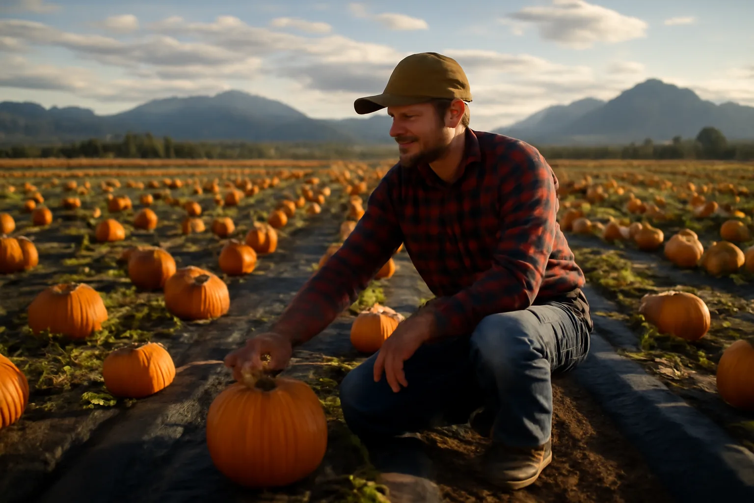 Farmer tending pumpkin rows on black plastic mulch in the Matanuska-Susitna Valley Alaska