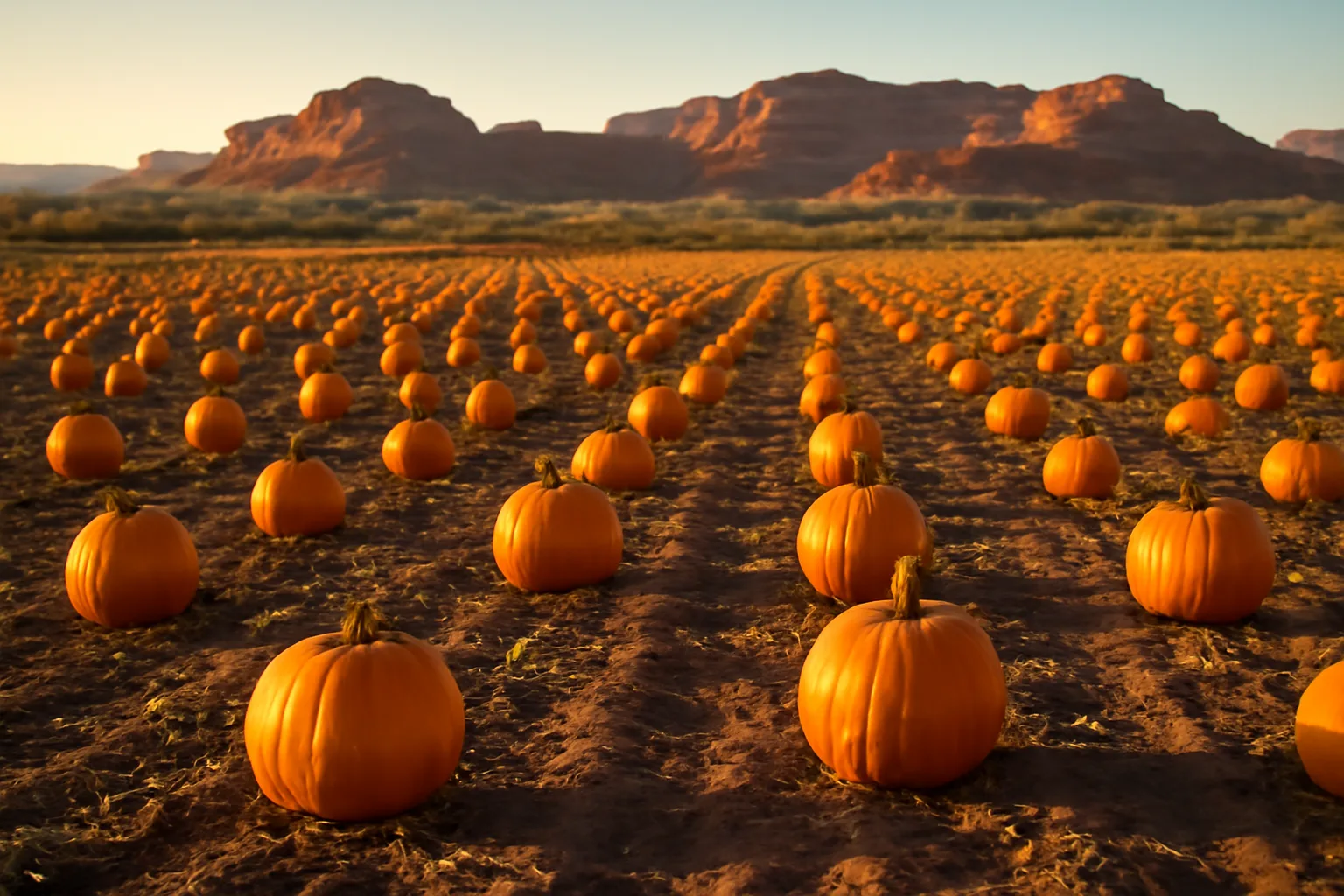 Rows of ripe orange pumpkins growing on an Arizona desert farm at golden hour