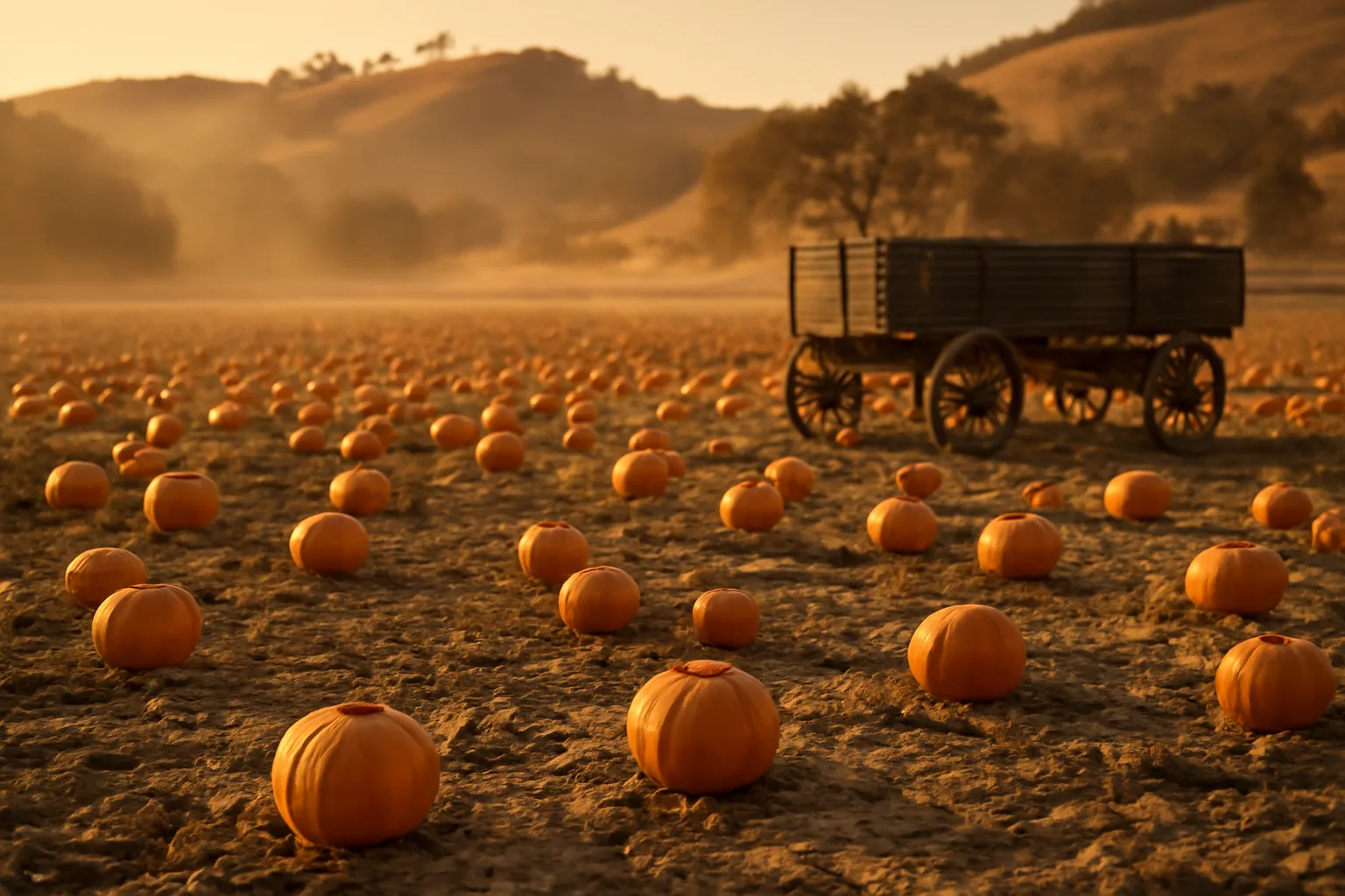 Central Valley pumpkin field at harvest with a wooden wagon