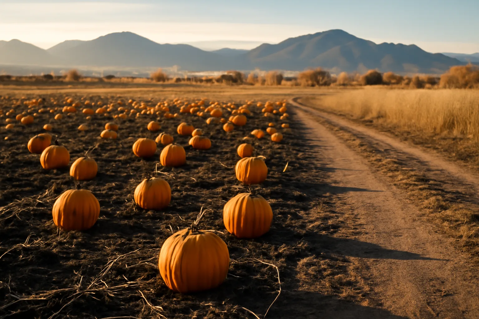 Pumpkin patch field on Colorado Front Range in late fall
