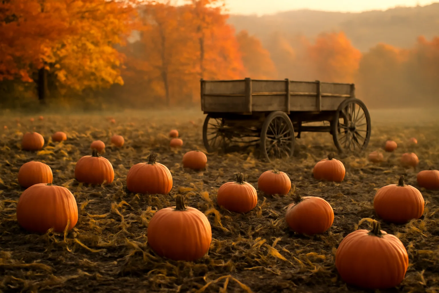 Uncarved pumpkins on vines in a Connecticut hillside field