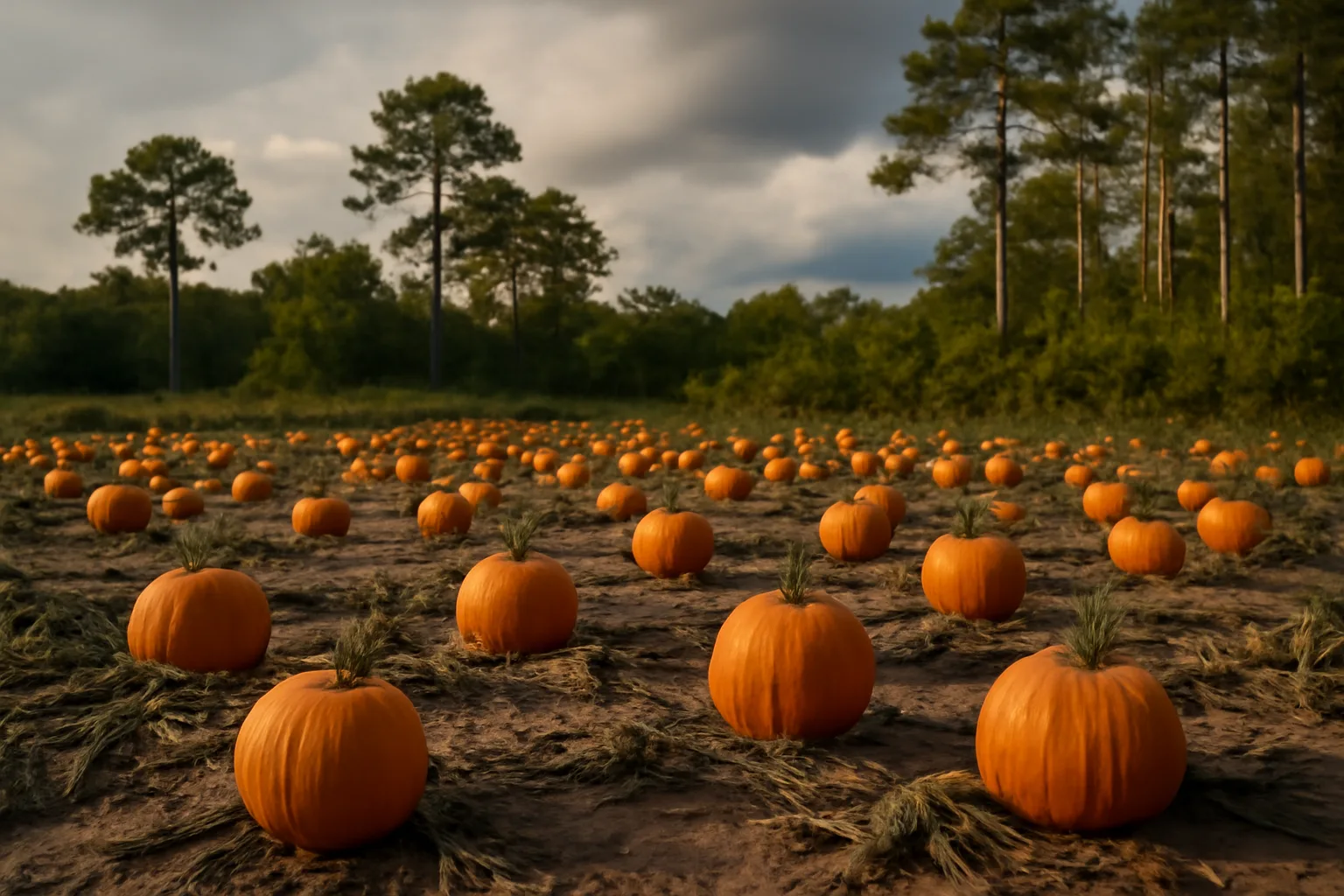 Orange pumpkins ripening on vines in a sandy Florida field