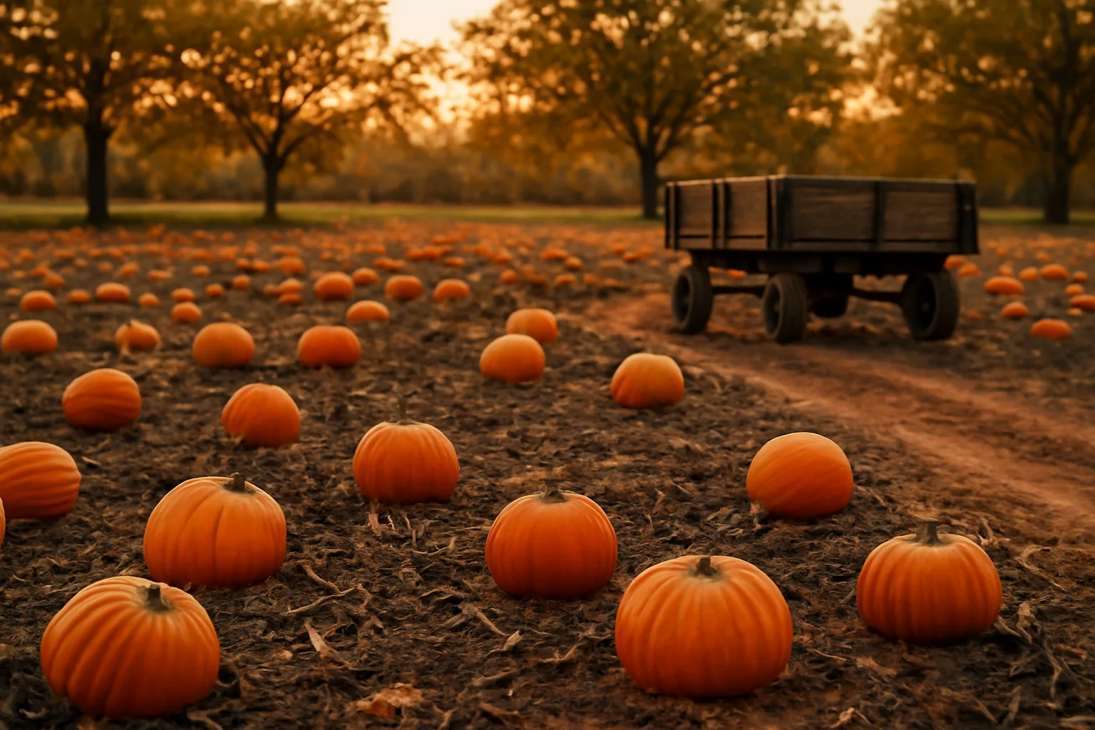 Pumpkins on vines in a Georgia clay field at dusk