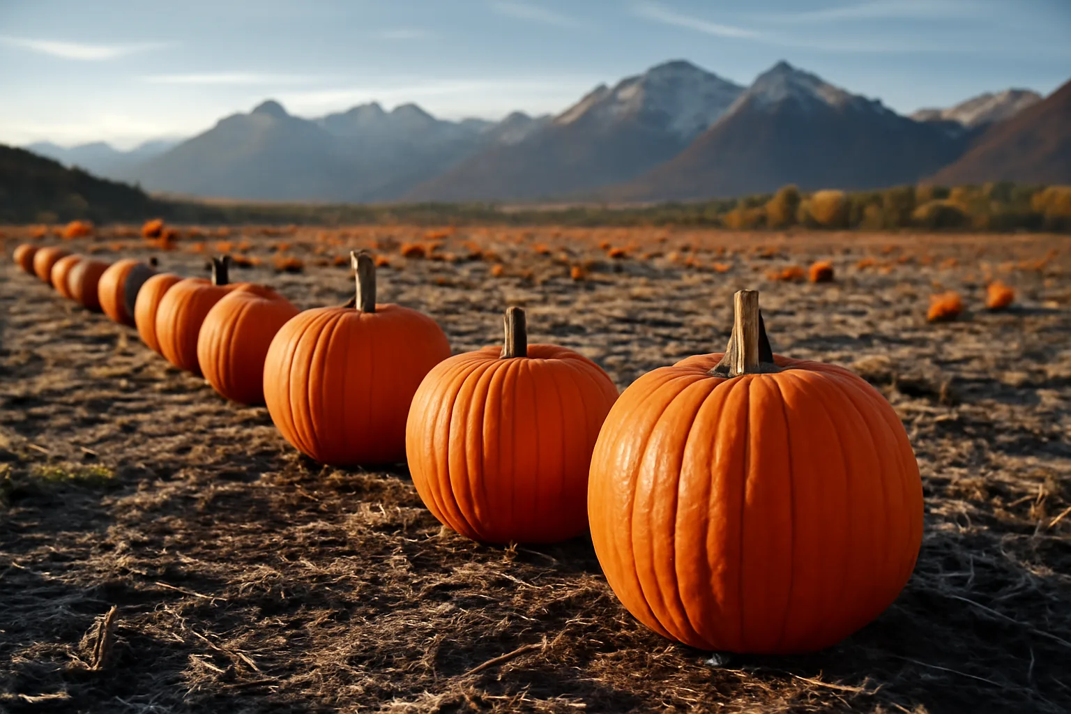 Orange pumpkins on frosted soil at a pumpkin patch in Alaska's farm valley