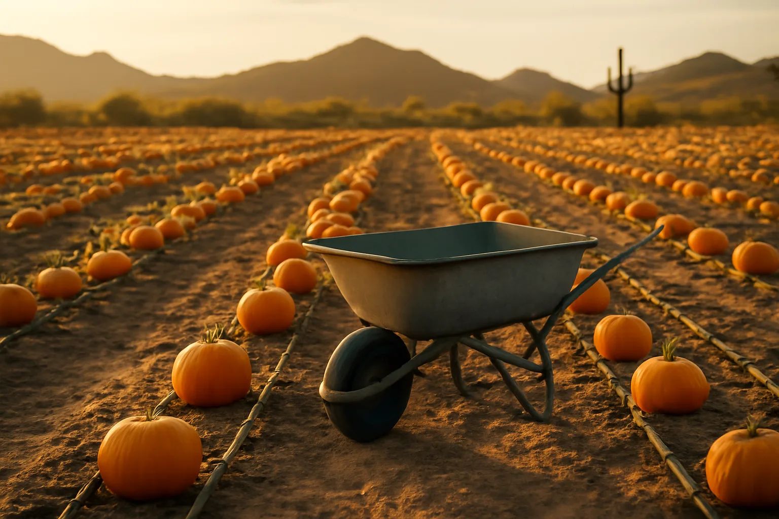 Pumpkins on drip-irrigated beds at a rural Arizona pumpkin patch
