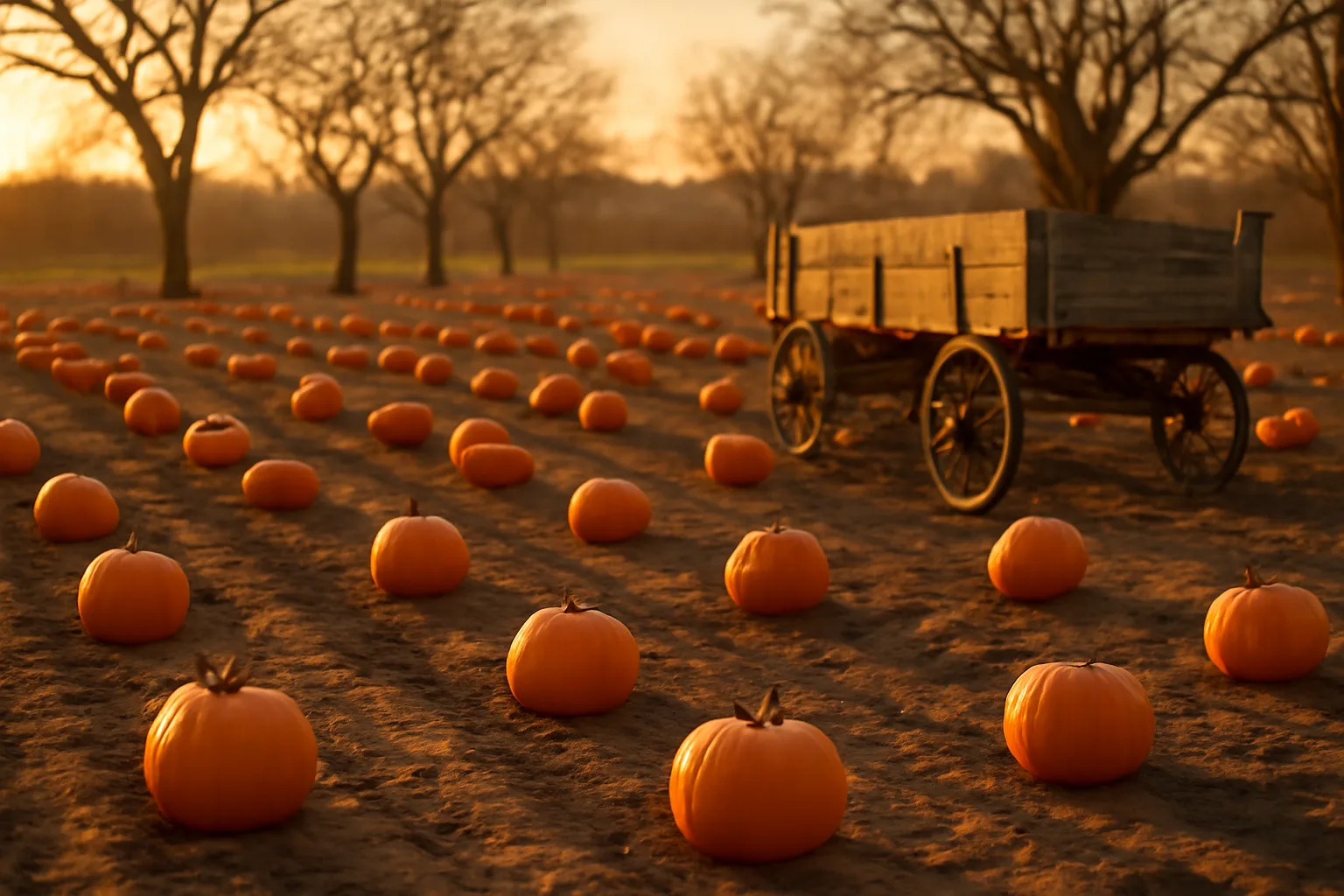 Pumpkin field and unmarked wooden wagon in Arkansas October light