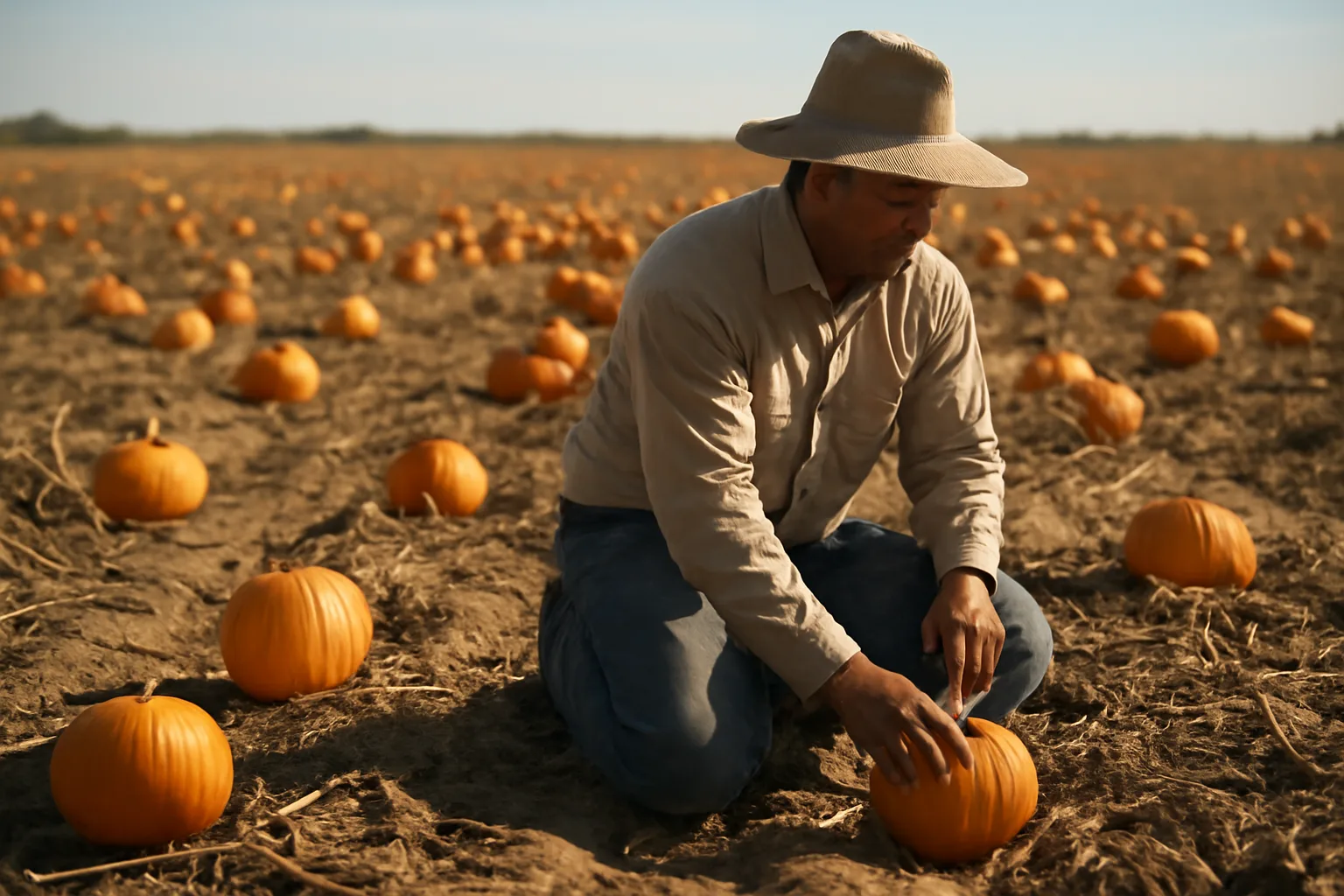 Central Valley pumpkin patch field at harvest with a kneeling worker
