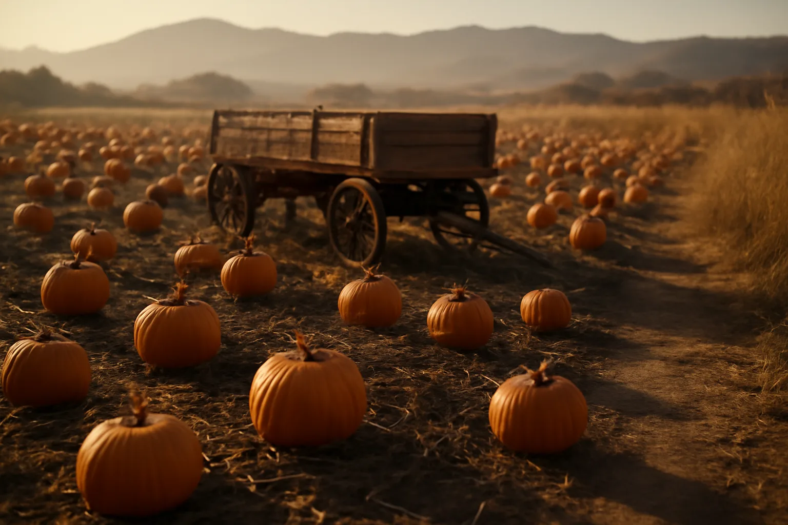 Colorado pumpkin patch field with wagon in afternoon light