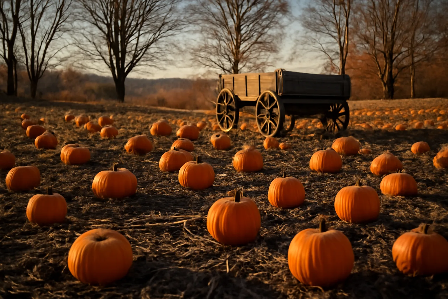 Orange pumpkins on vines in a Connecticut field at dusk