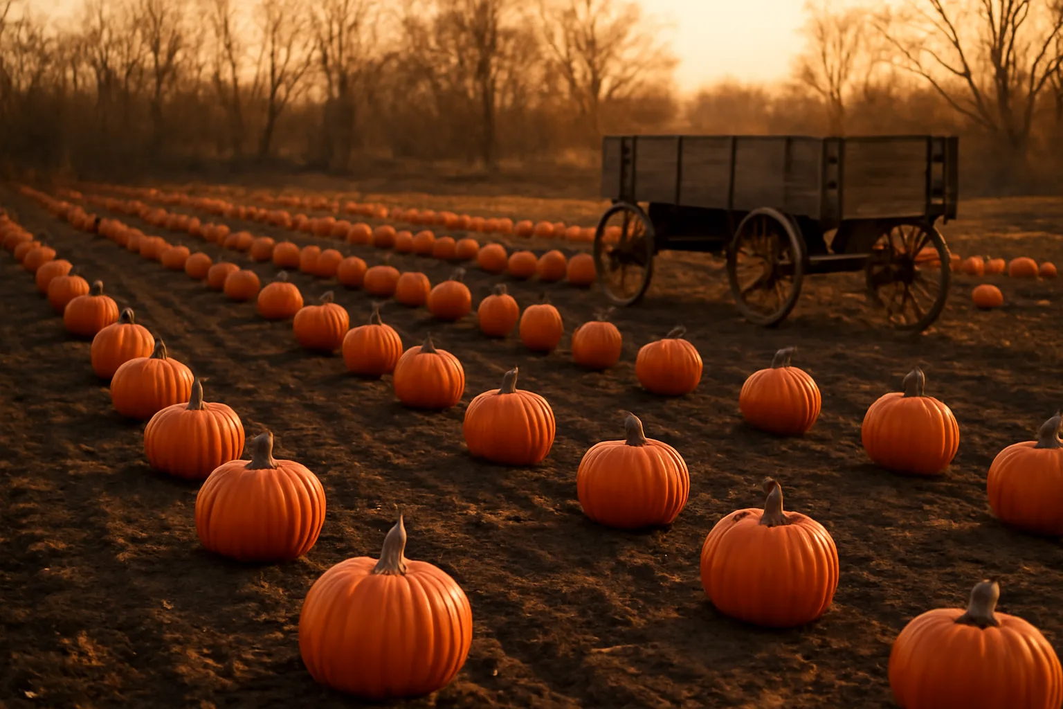Orange pumpkins in a Delaware field beside an unmarked wagon