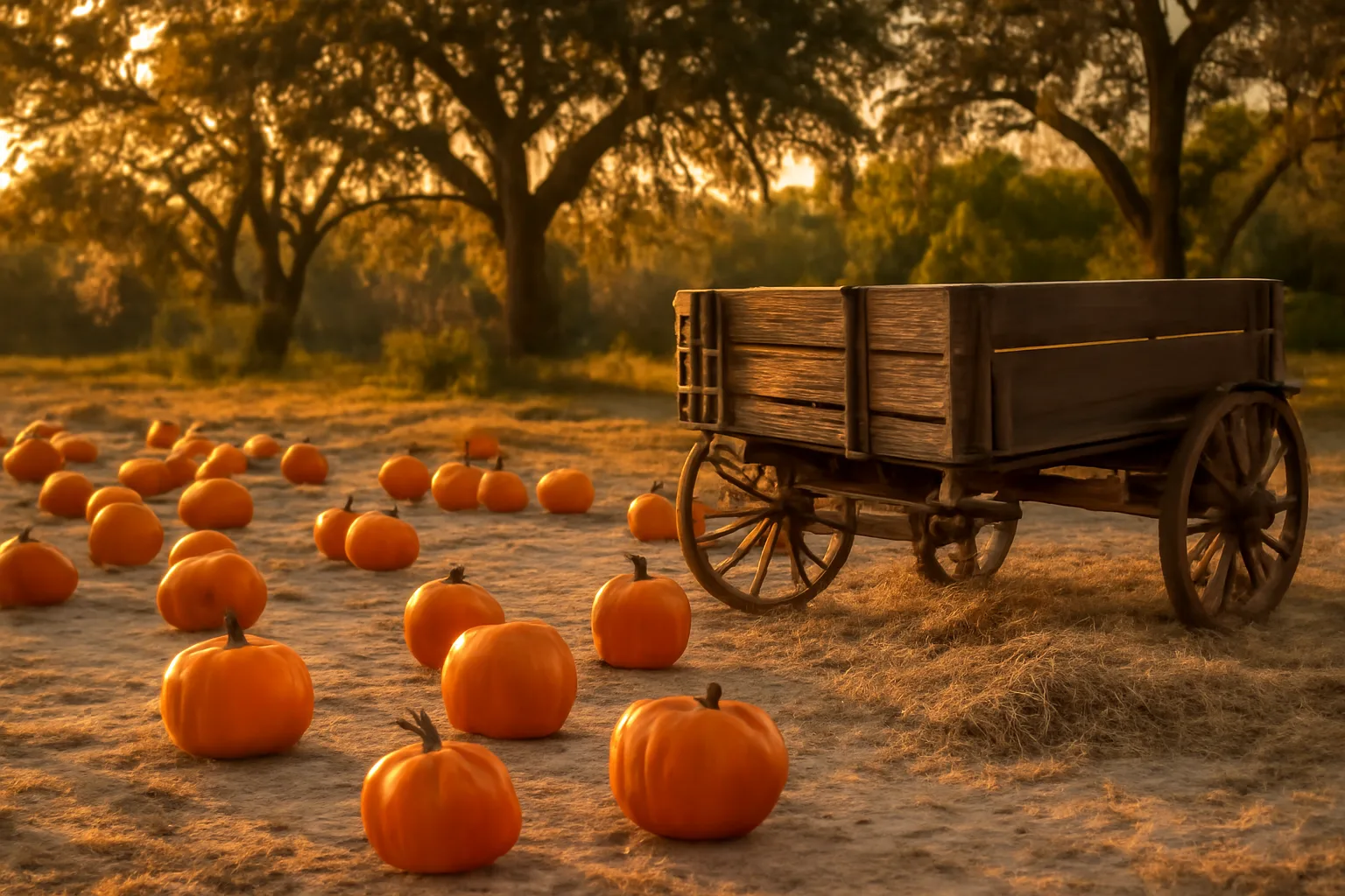 Orange pumpkins on sandy Florida soil beside a wooden wagon