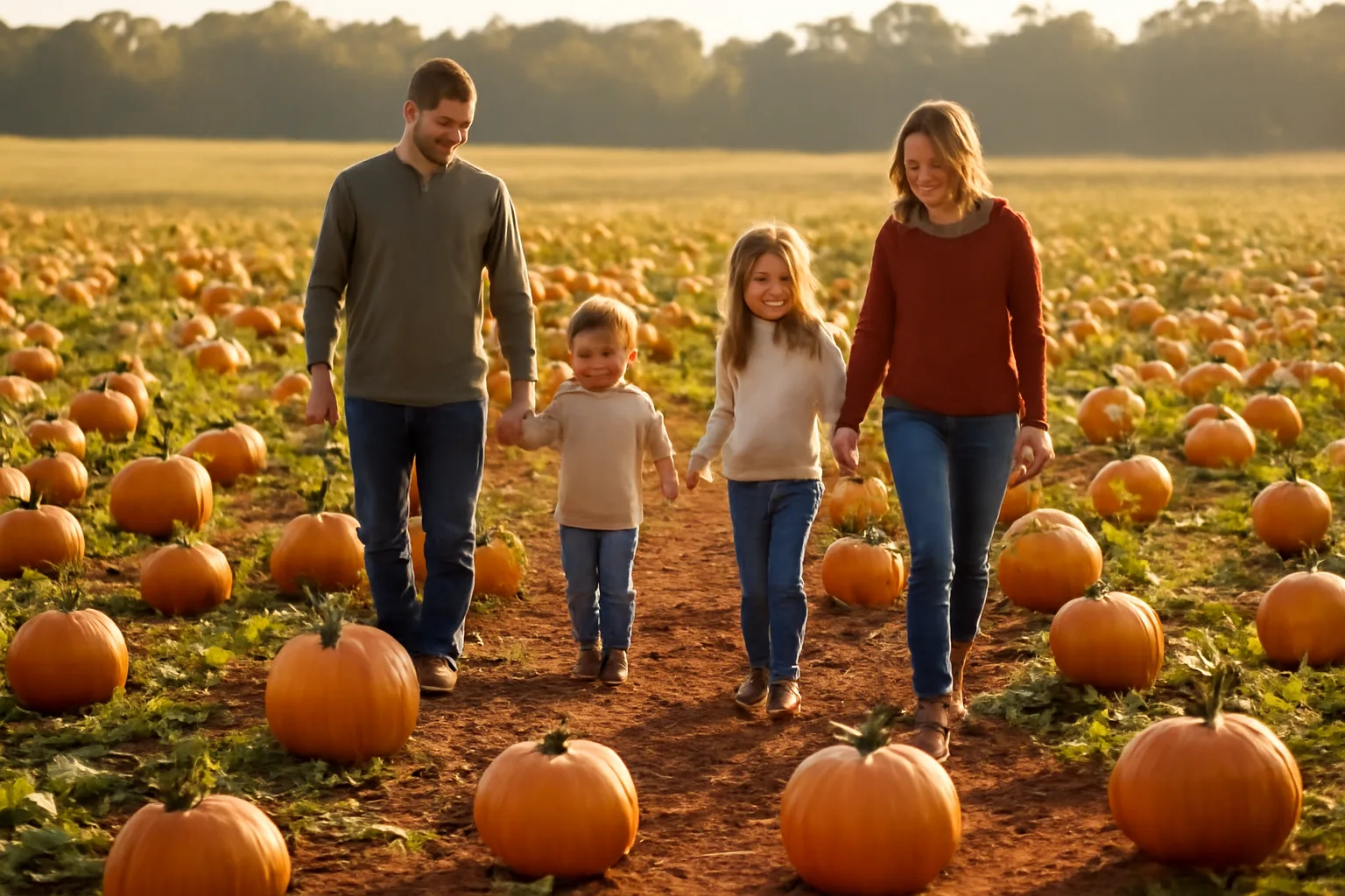 Family browsing orange pumpkins in a sunny Alabama farm field in October