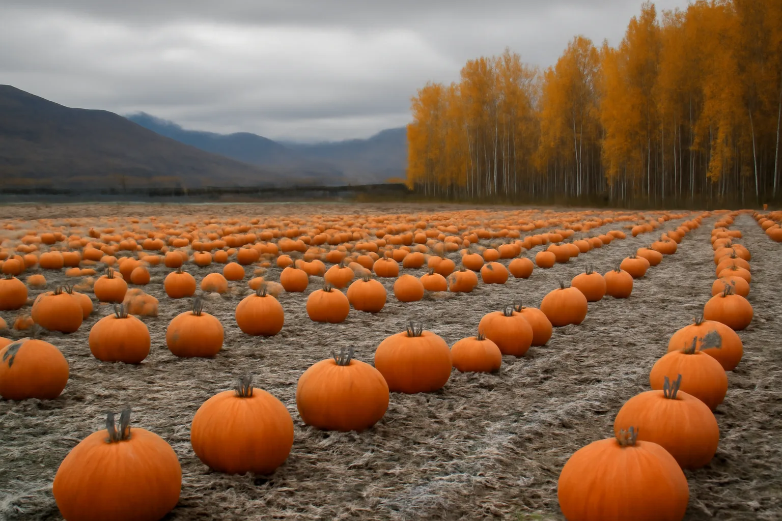 Orange pumpkins on frost-touched field in an Alaska valley during autumn harvest