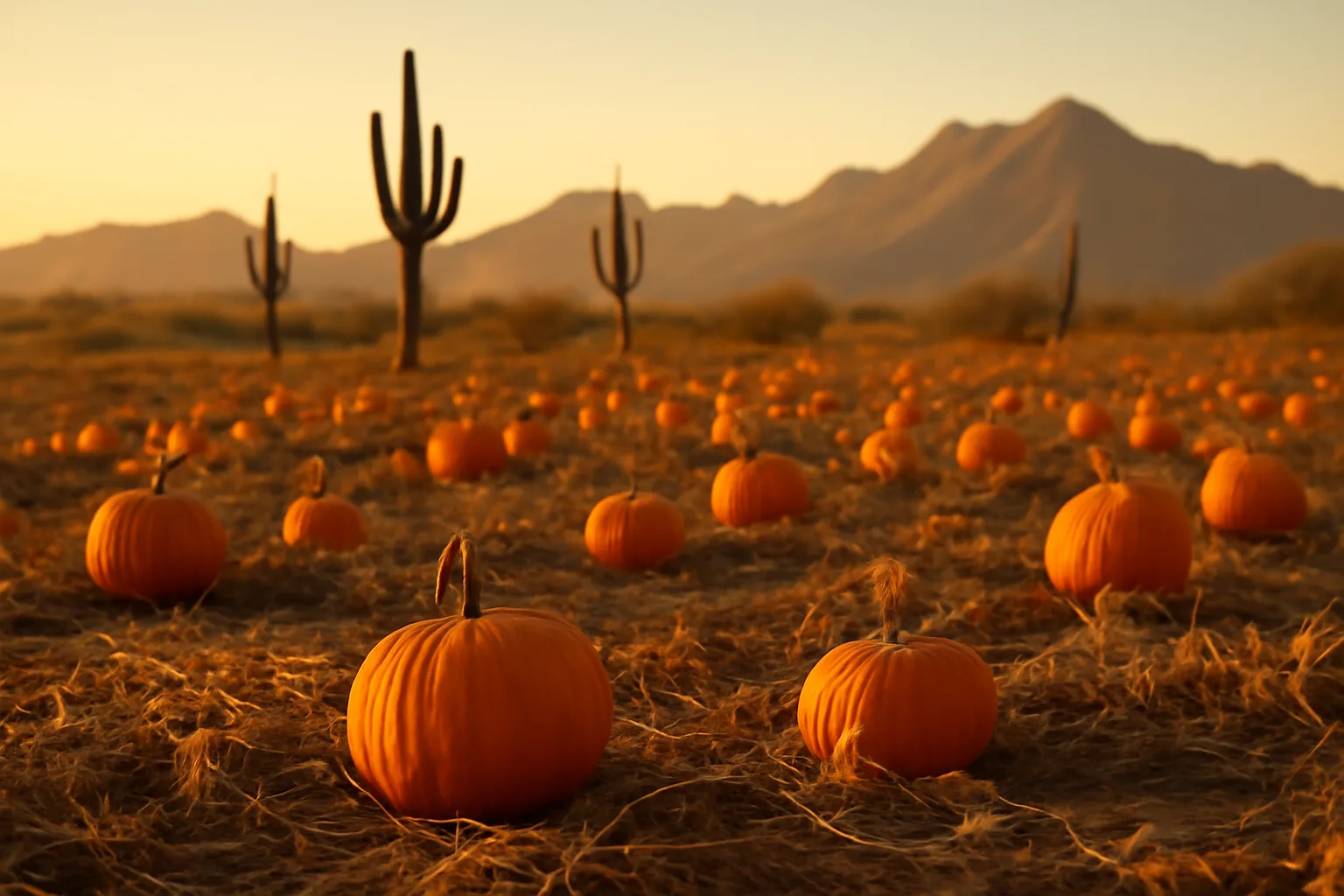Pumpkins on dusty vines in a Queen Creek Arizona field