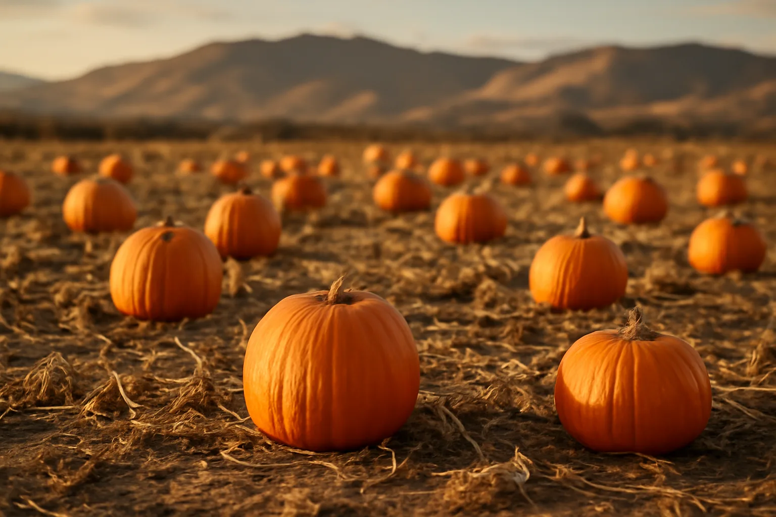 Orange pumpkins on dry vines in a California field at sunset
