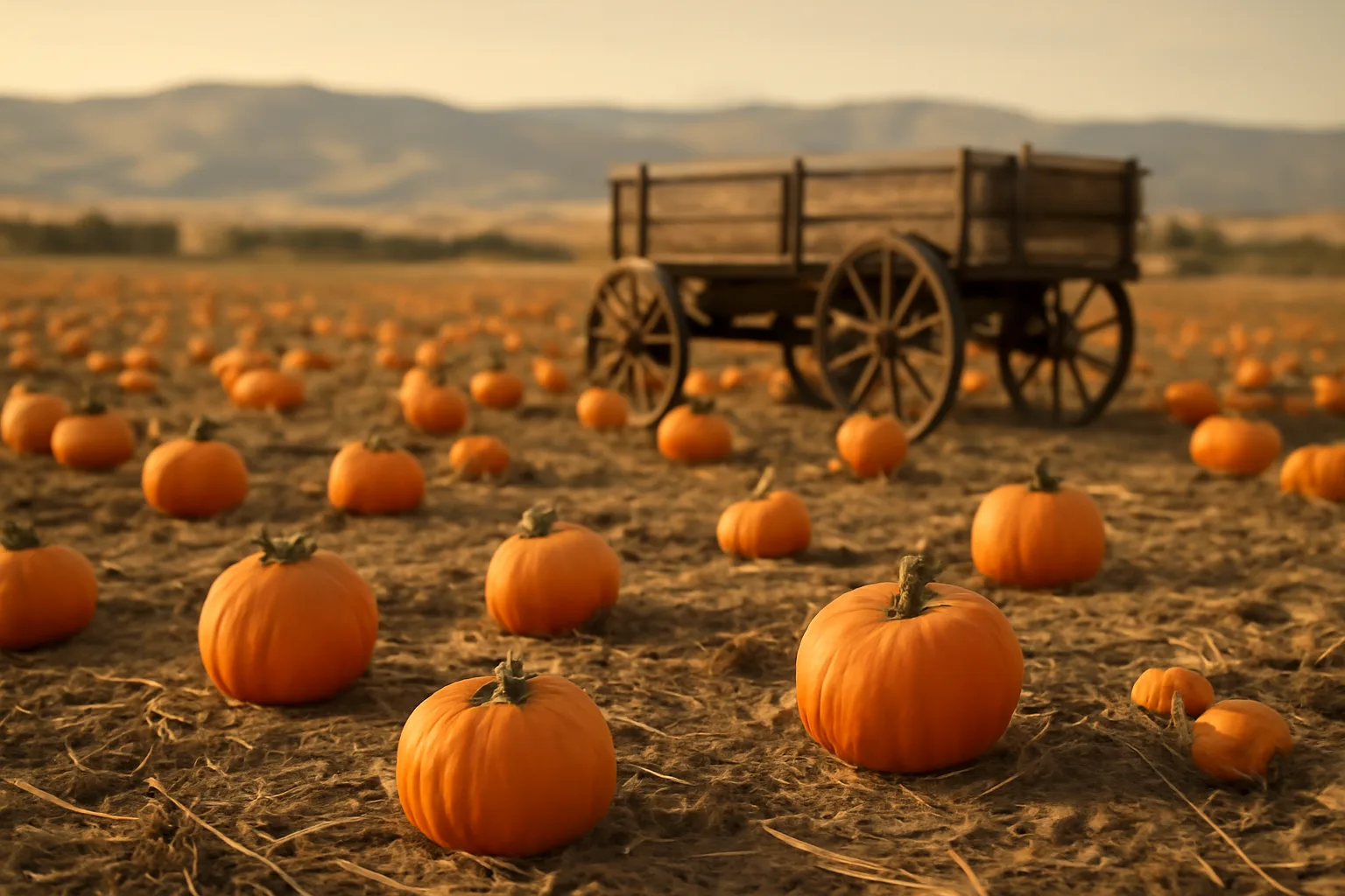 Pumpkins in dry Front Range rows beside an unmarked wooden wagon