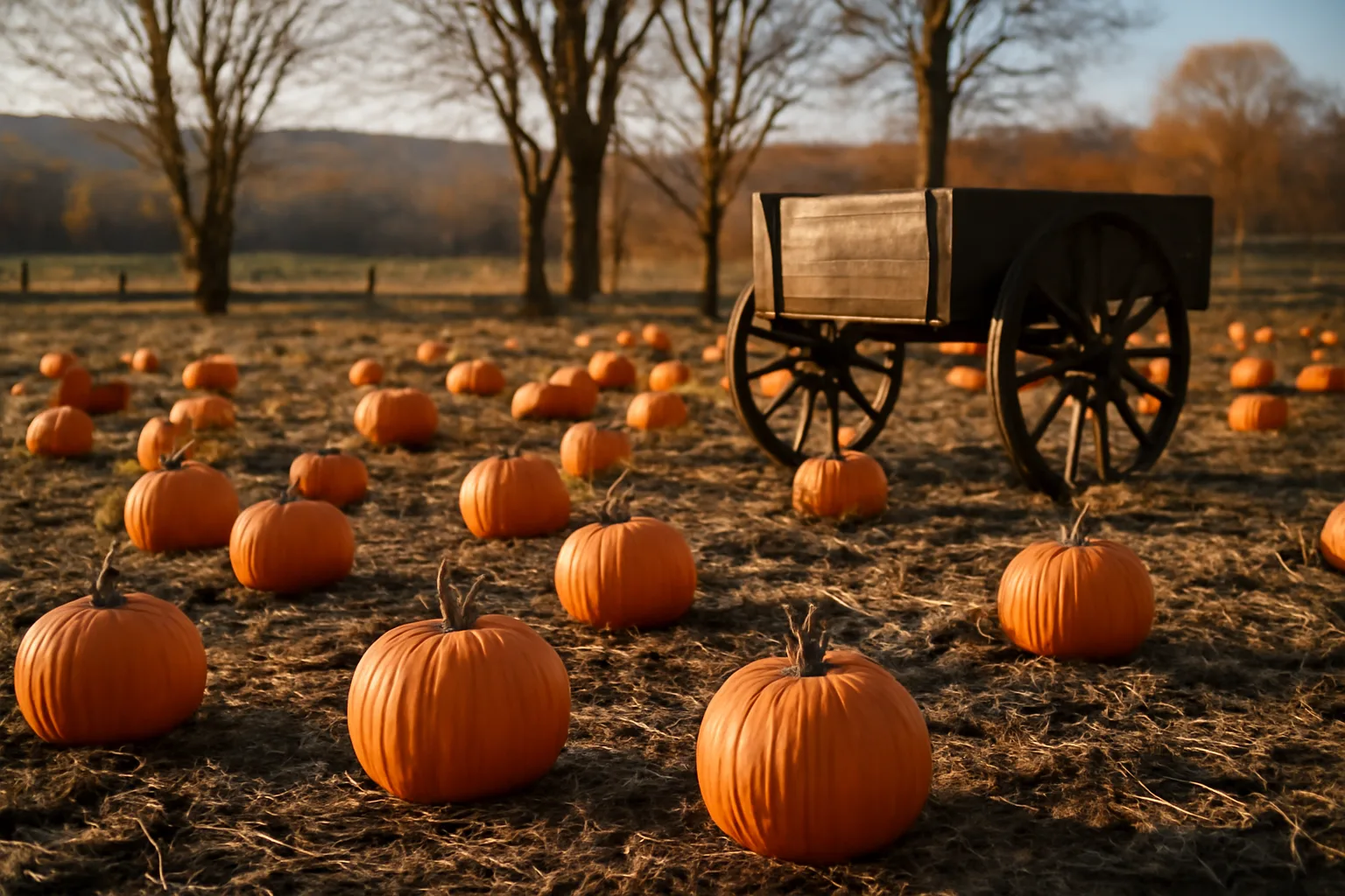 Orange pumpkins on vines in a Connecticut field at dusk
