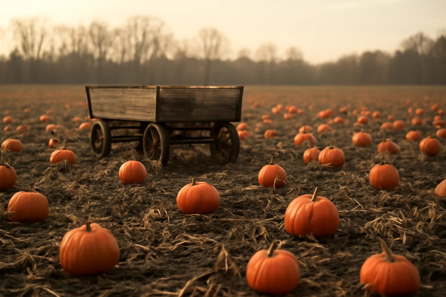 Pumpkins in a Delaware field beside a plain wooden wagon