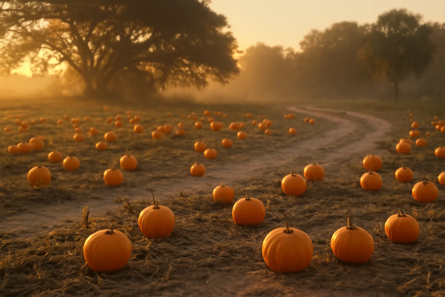 Florida pumpkin patch field at dusk on sandy soil