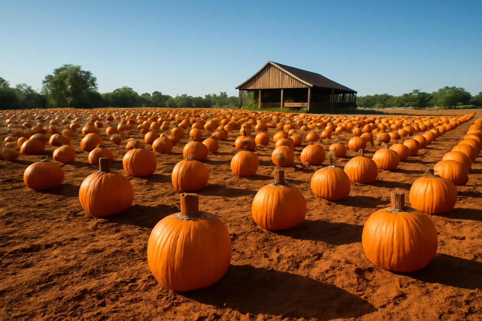Orange pumpkins in rows on Alabama red clay farmland on a clear autumn morning