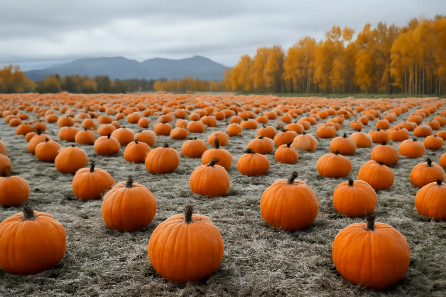 Orange pumpkins in rows across an Alaska farm field in autumn