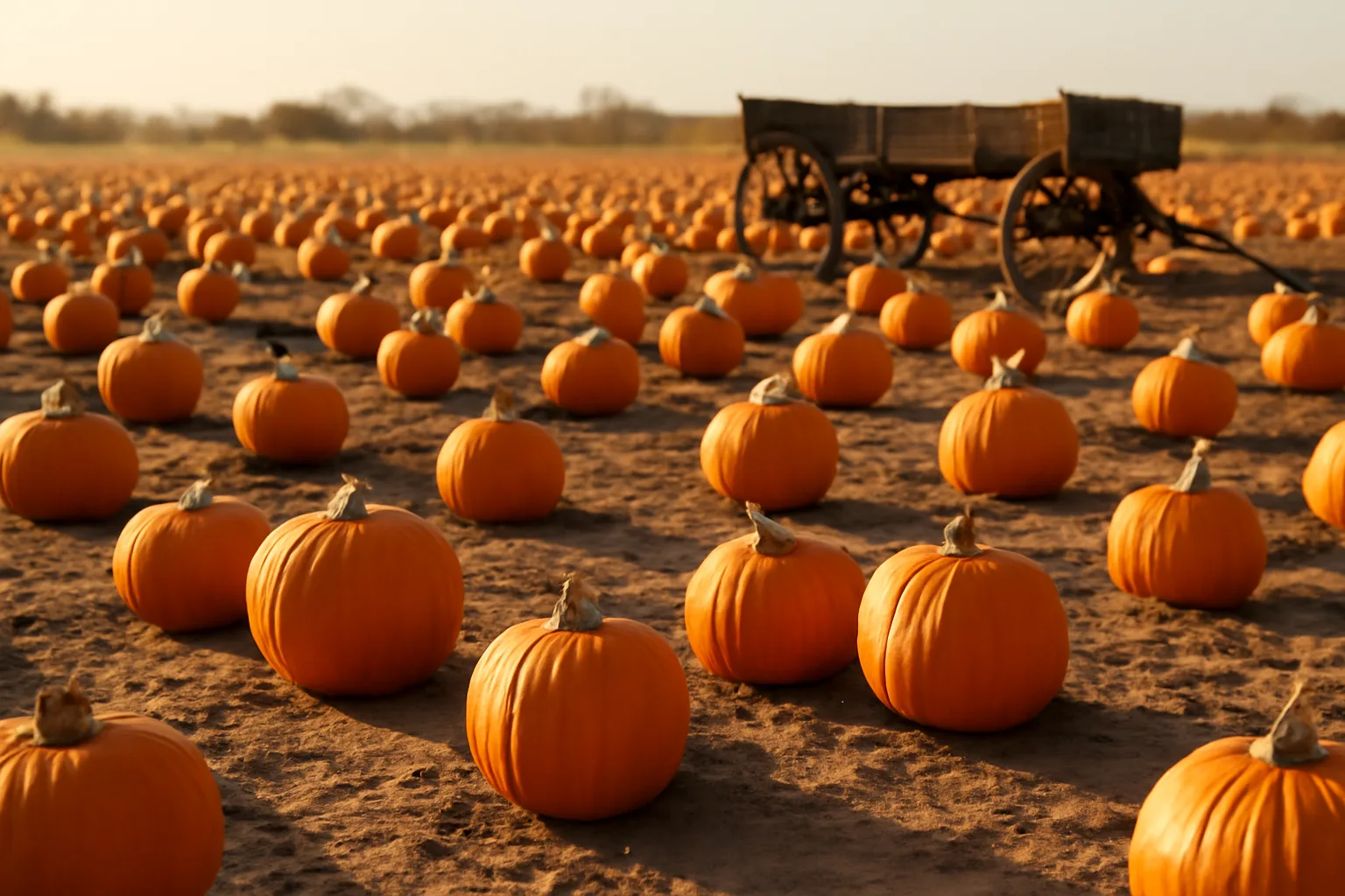 Rows of orange pumpkins on a sunny Arizona farm in October