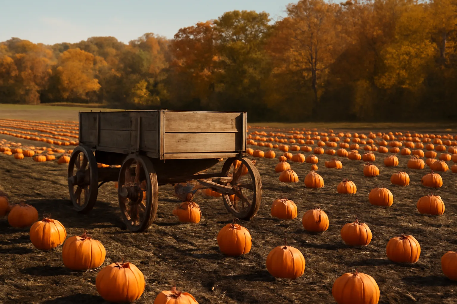 Uncut pumpkins in an Arkansas pumpkin patch field at sunset