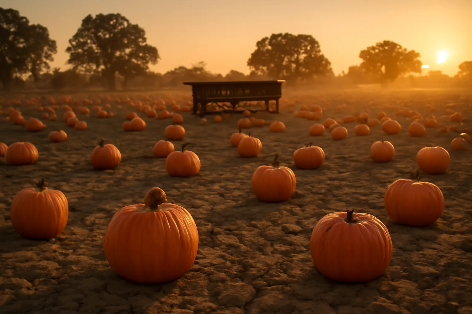Orange pumpkins in a dry California field beside a wooden wagon