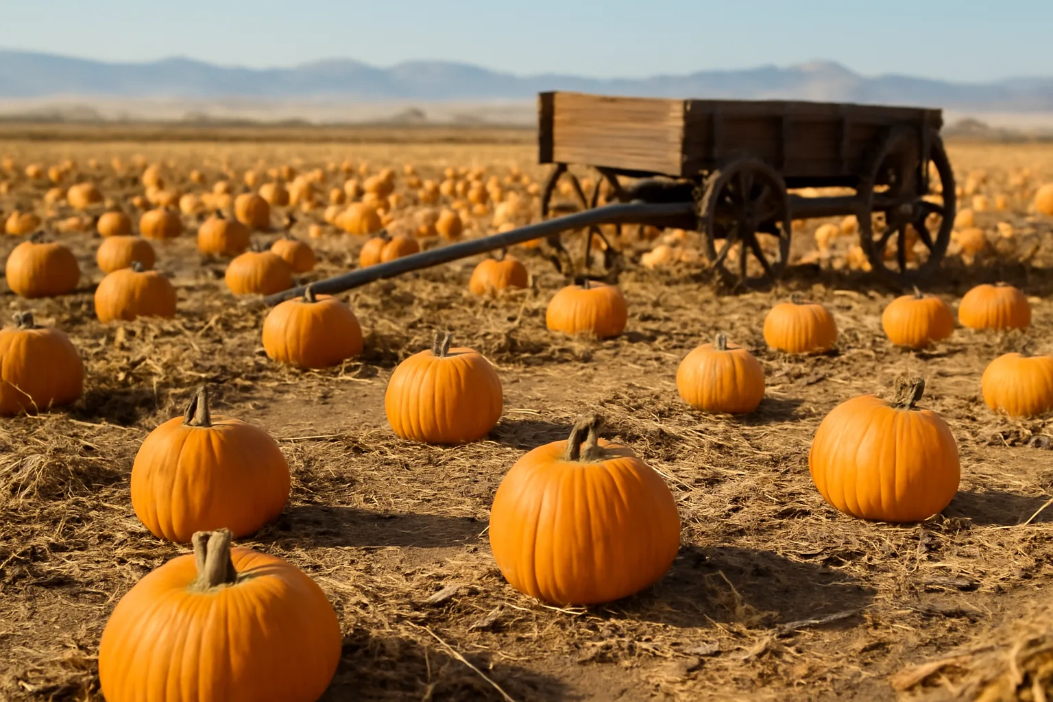Colorado Front Range pumpkin field with wagon at harvest
