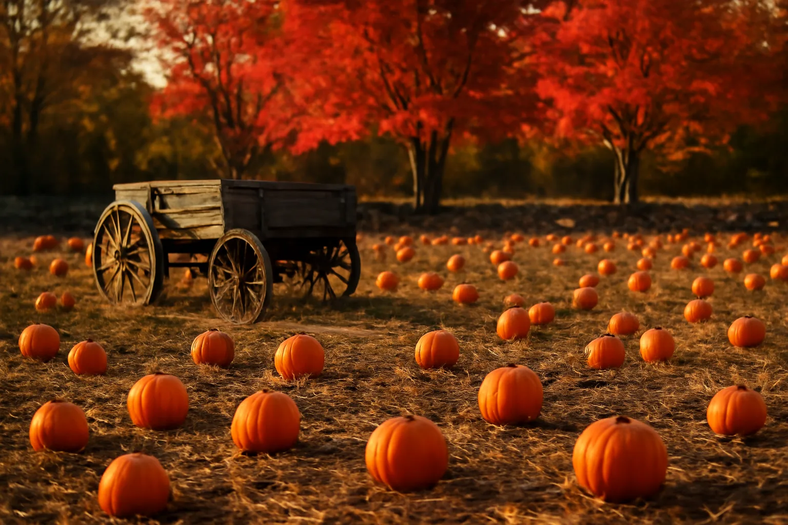 Connecticut pumpkin patch field with wagon in autumn light