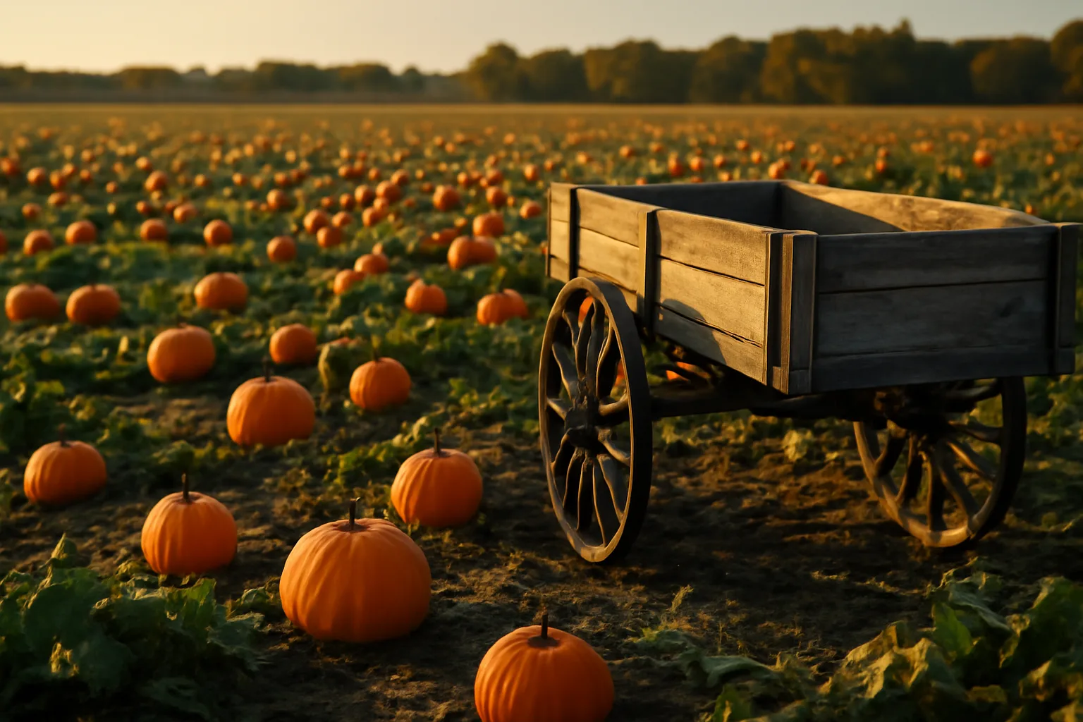 Orange pumpkins in a Delaware field beside an unmarked wooden wagon