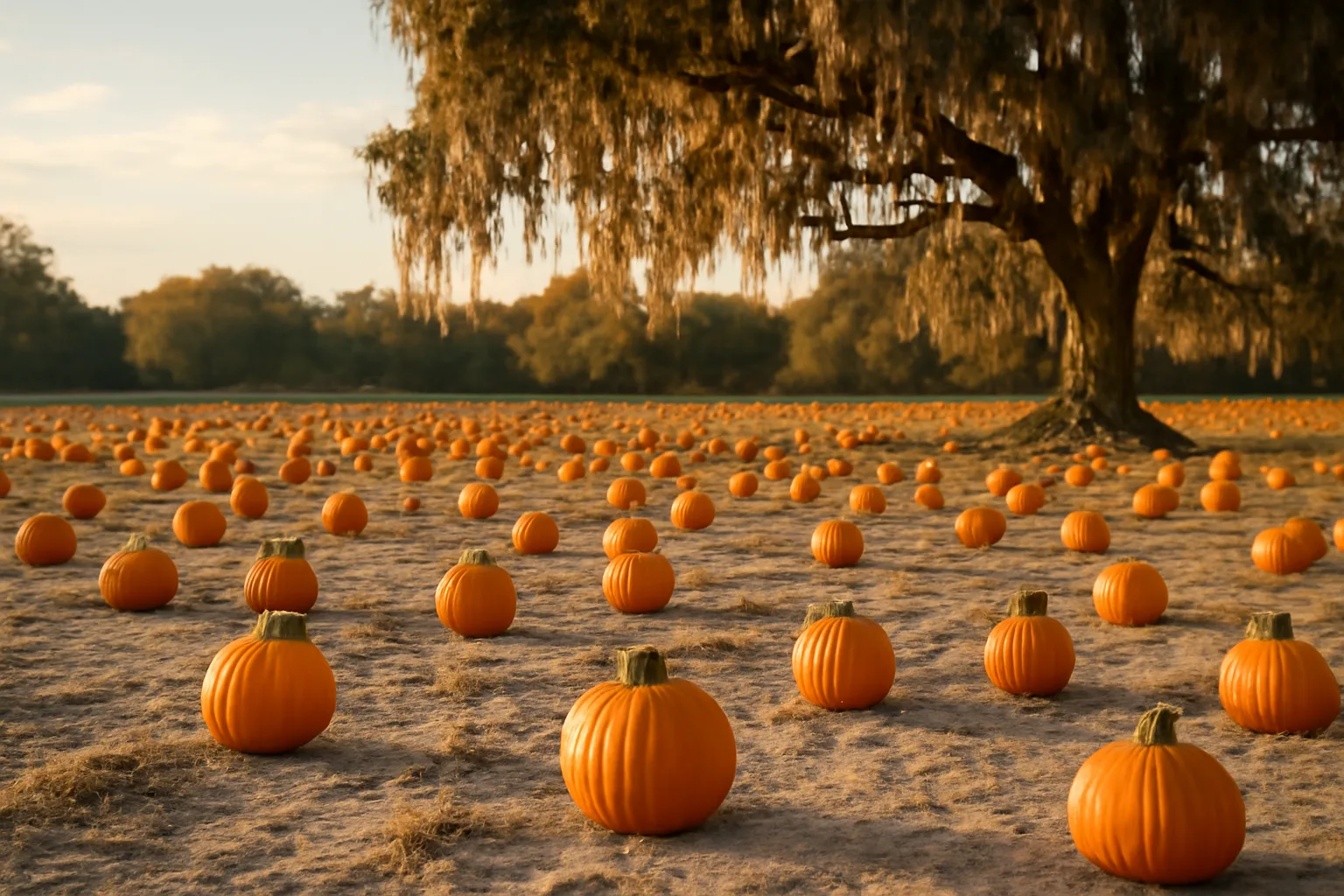 Pumpkins on sandy Florida soil beside a mossy live oak