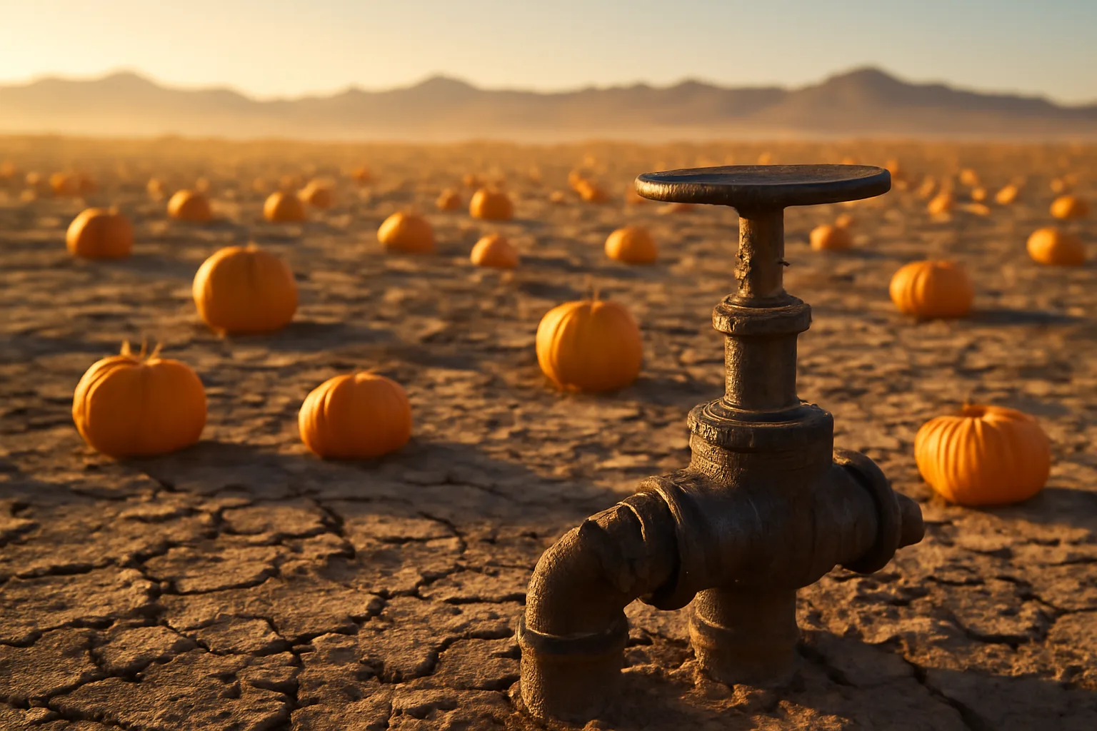 Arizona pumpkin patch field with fruit on dry soil