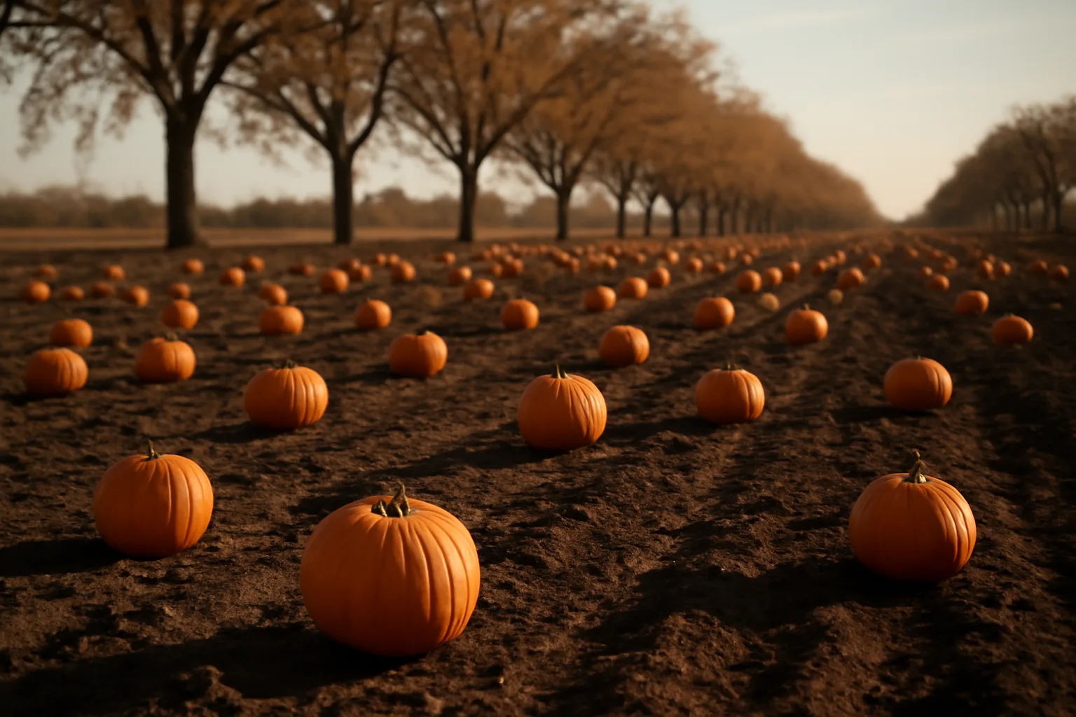 Orange pumpkins on dark Arkansas soil at late October harvest
