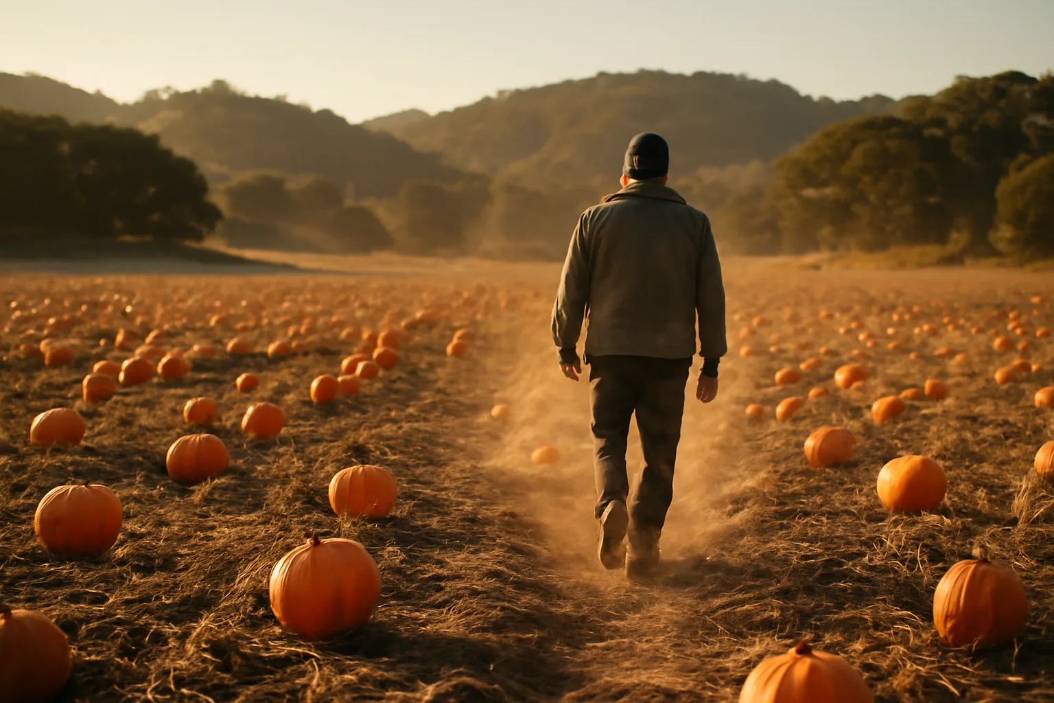 Orange pumpkins on dry vines in a California harvest field