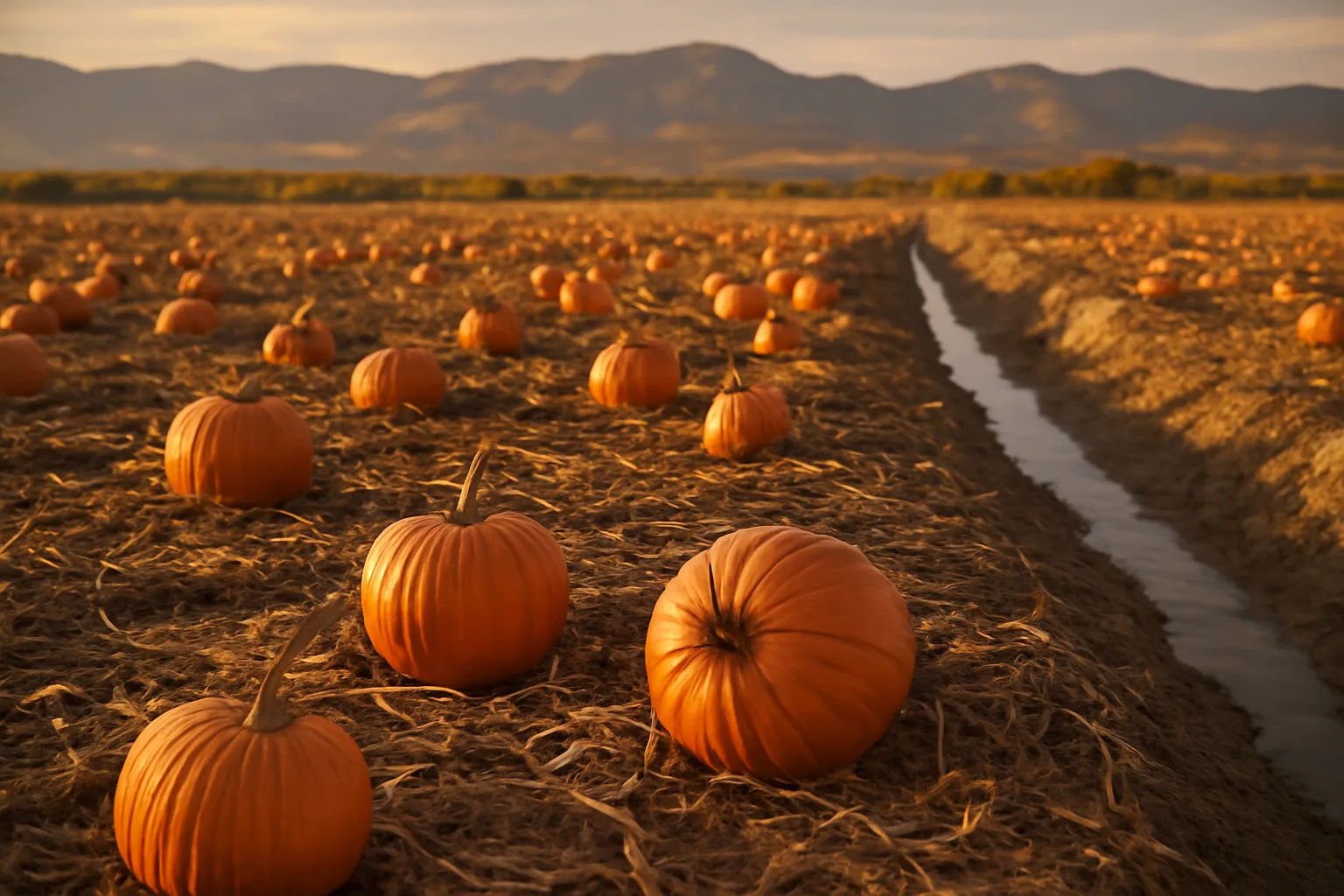 Ripe pumpkins on dry vines in a Colorado pumpkin patch