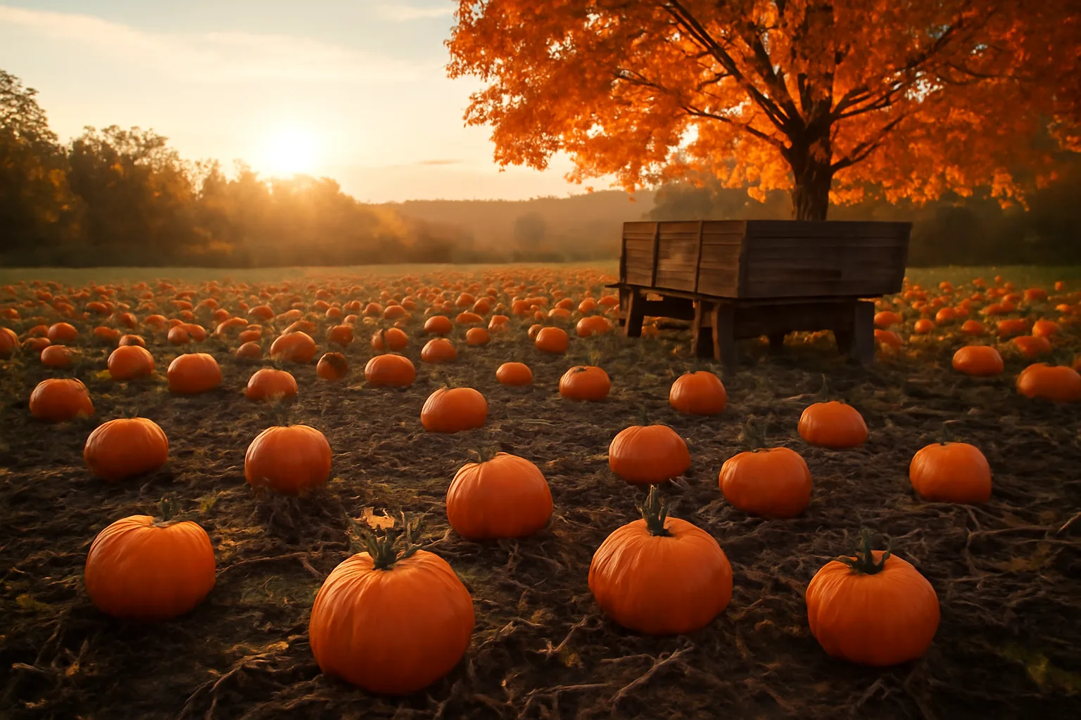 Connecticut pumpkin field at harvest beside a plain wooden wagon