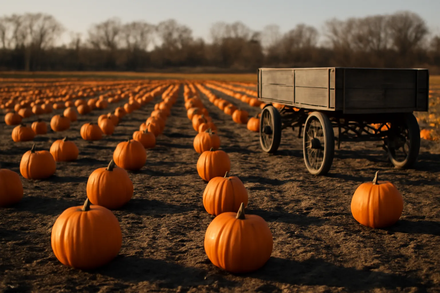 Orange pumpkins in a Delaware field beside an unmarked wagon